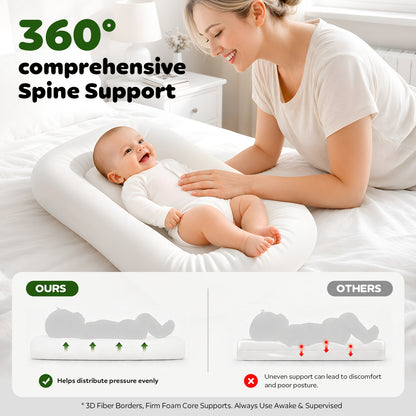 Mapotf Baby Lounger – 360° comprehensive spine support with 3D fiber borders and firm foam core, evenly distributes pressure for newborn comfort