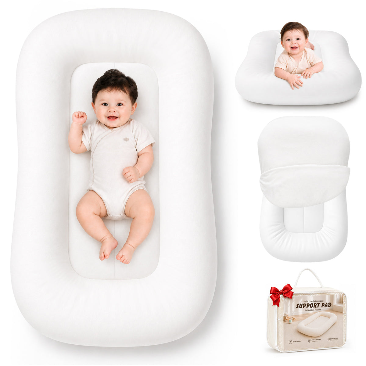 Mapotf Baby Lounger in Cloud White – soft newborn nest with breathable fabric, shown with happy baby lying inside
