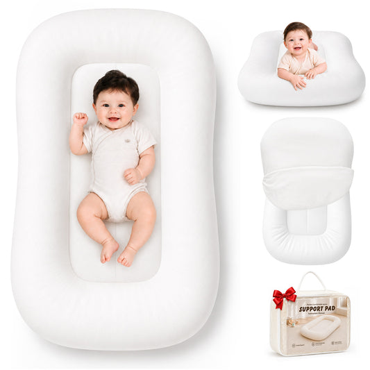 Mapotf Baby Lounger in Cloud White – soft newborn nest with breathable fabric, shown with happy baby lying inside