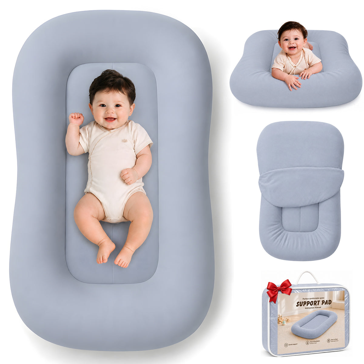 Mapotf Baby Lounger in Navy Blue – portable baby nest with removable cover, shown with happy baby and gift packaging