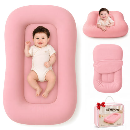 Mapotf Baby Lounger in Bright Pink – cozy infant support pad with surrounding design, shown with smiling baby